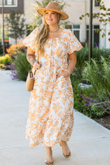 Apricot Floral Print Puff Short Sleeve Resort Plus Size Maxi Dress Apricot 100%Polyester Plus Size Maxi Dresses JT's Designer Fashion