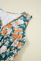 Green Floral Print Trimmed V Neck Tie Waist Sleeveless Holiday Long Dress Maxi Dresses JT's Designer Fashion