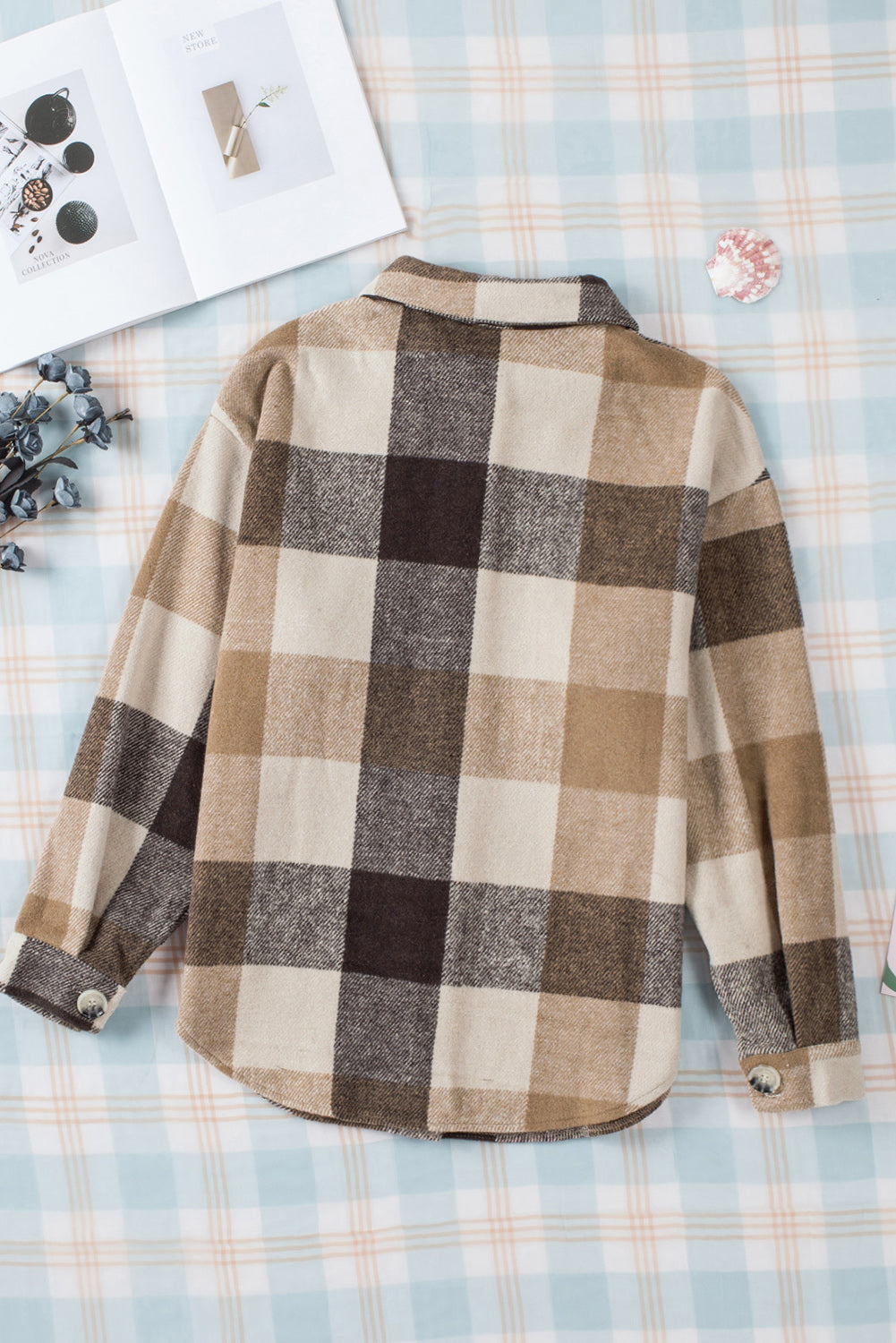 Khaki Plaid Color Block Buttoned Long Sleeve Jacket with Pocket Plaid Shackets JT's Designer Fashion