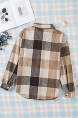 Khaki Plaid Color Block Buttoned Long Sleeve Jacket with Pocket Plaid Shackets JT's Designer Fashion