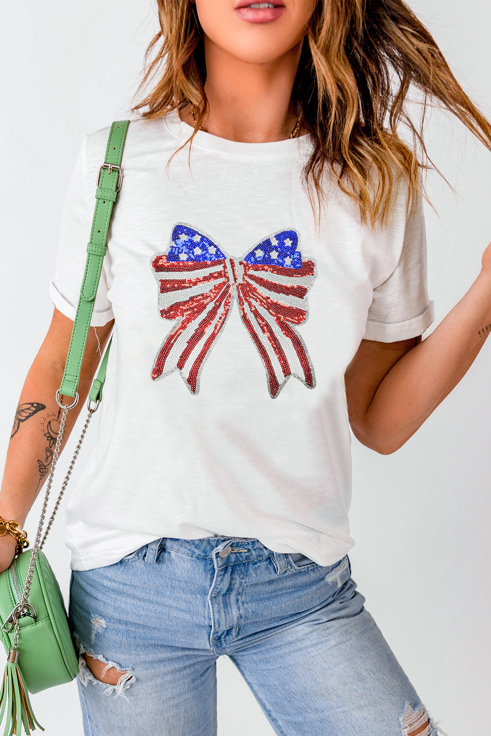 White USA Flag Bow Knot Patched Crew Neck T Shirt Graphic Tees JT's Designer Fashion