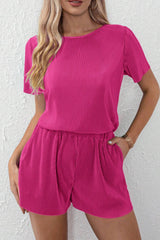 Bright Pink Casual Pleated Short Two-piece Set Short Sets JT's Designer Fashion