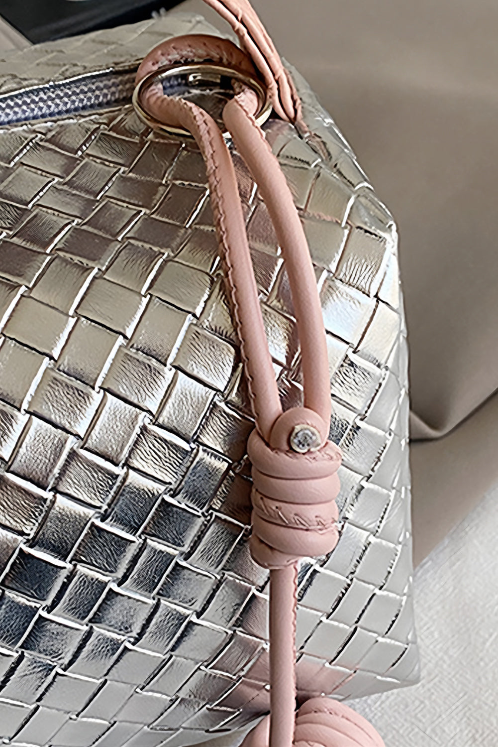Silvery Lattice Texture Corded Ball Decor Weaven Handle Cosmetic Bag Makeup Bags JT's Designer Fashion