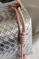Silvery Lattice Texture Corded Ball Decor Weaven Handle Cosmetic Bag Makeup Bags JT's Designer Fashion