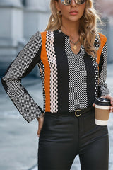 Orange Geo Print Colorblock Notched V Neck Blouse Blouses & Shirts JT's Designer Fashion