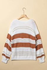 White Striped Knit Puff Sleeve Casual Sweater Sweaters JT's Designer Fashion