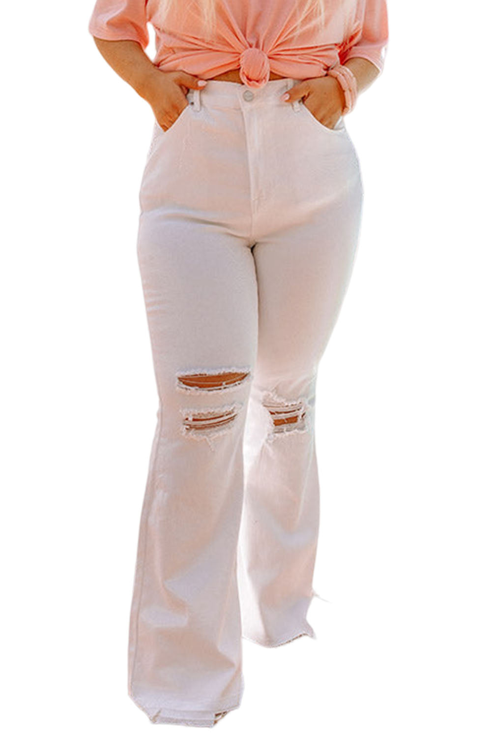 White Ripped Knees High Waist Plus Size Flare Jeans Plus Size Bottoms JT's Designer Fashion