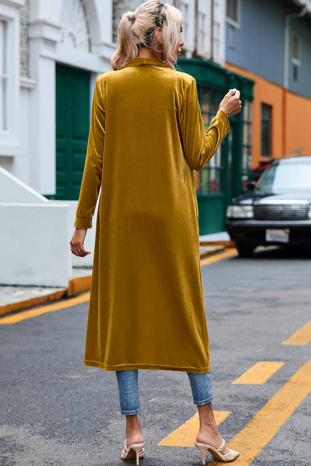 Yellow Velvet Open Front Pocketed Long Duster Sweaters & Cardigans JT's Designer Fashion