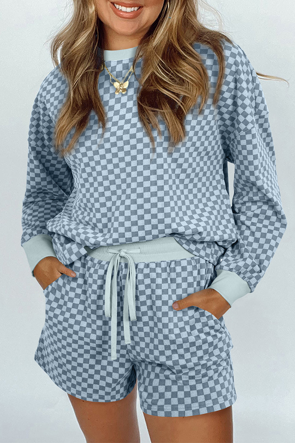 Sky Blue Checkerboard Long Sleeve Pullover and Shorts Set Sky Blue 90%Polyester+10%Elastane Short Sets JT's Designer Fashion