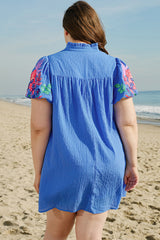 Sky Blue Plus Size Floral Embroidered Puff Sleeve Gingham Mini Dress Plus Size Mini Dresses JT's Designer Fashion