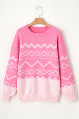 Pink Western Aztec Geometric Drop Shoulder Sweater Sweaters JT's Designer Fashion
