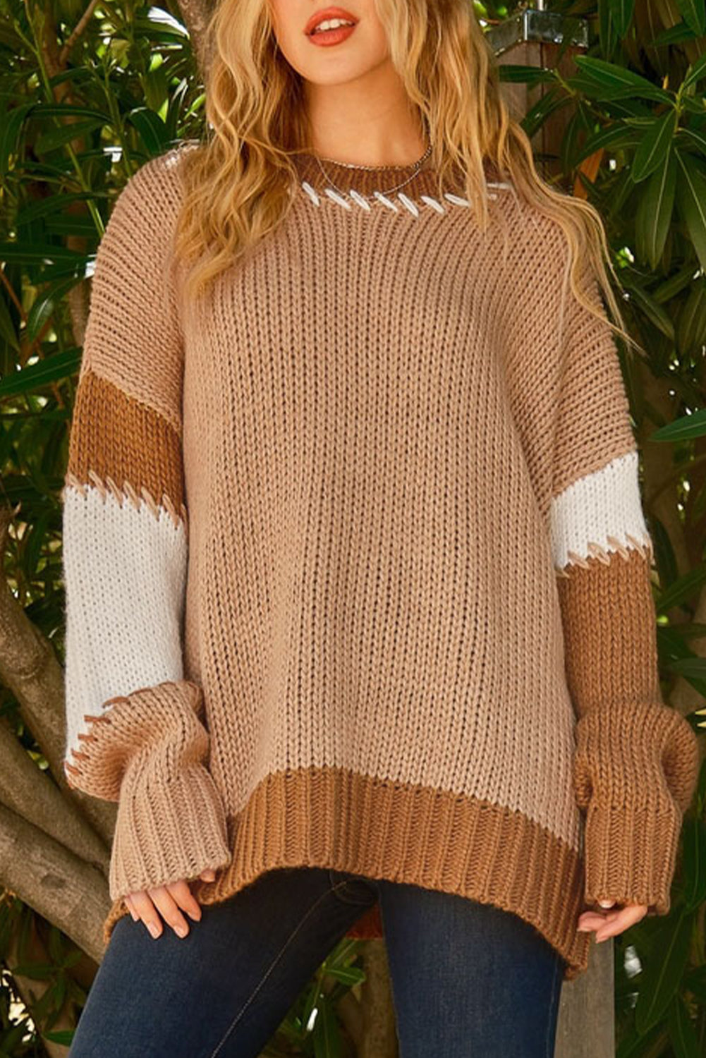 Light French Beige Color Block Contrast Stitch Oversized Sweater Sweaters & Cardigans JT's Designer Fashion