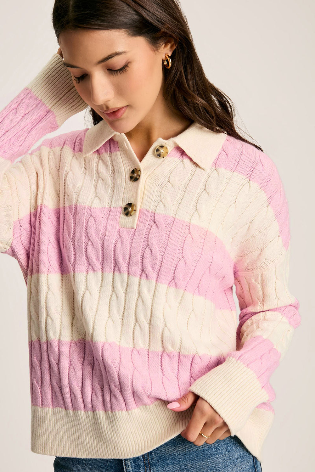 Pink Stripe Cable Knit Collared Henley Sweater Sweaters JT's Designer Fashion