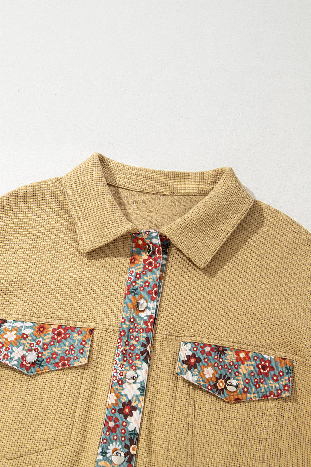 Khaki Waffle Knit Floral Print Patchwork Button up Jacket Jackets JT's Designer Fashion