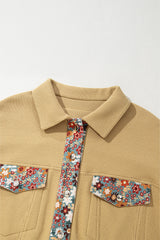 Khaki Waffle Knit Floral Print Patchwork Button up Jacket Jackets JT's Designer Fashion