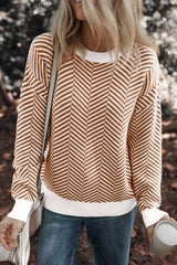 Coffee Contrast Edge Crew Neck Drop Shoulder Sweater Sweaters JT's Designer Fashion