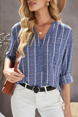 Blue Striped V Neck Pocket Long Sleeve Top Long Sleeve Tops JT's Designer Fashion