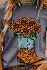 Gray Sunflower Cowgirl Boots Print Western Fashion T Shirt Graphic Tees JT's Designer Fashion