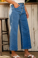 Dark Blue Plain Seam Detail Flared Bottom Ankle Length Jeans Jeans JT's Designer Fashion
