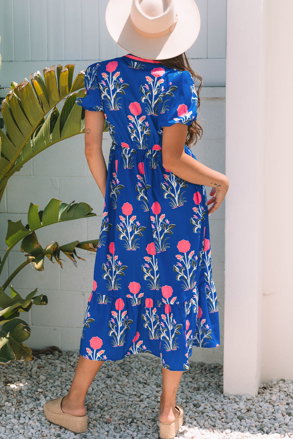 Sky Blue Floral Puff Short Sleeve V Neck High Waist Maxi Dress Floral Dresses JT's Designer Fashion