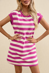 Rose Stripe Cap Sleeve Pocketed Shift T-shirt Dress T Shirt Dresses JT's Designer Fashion