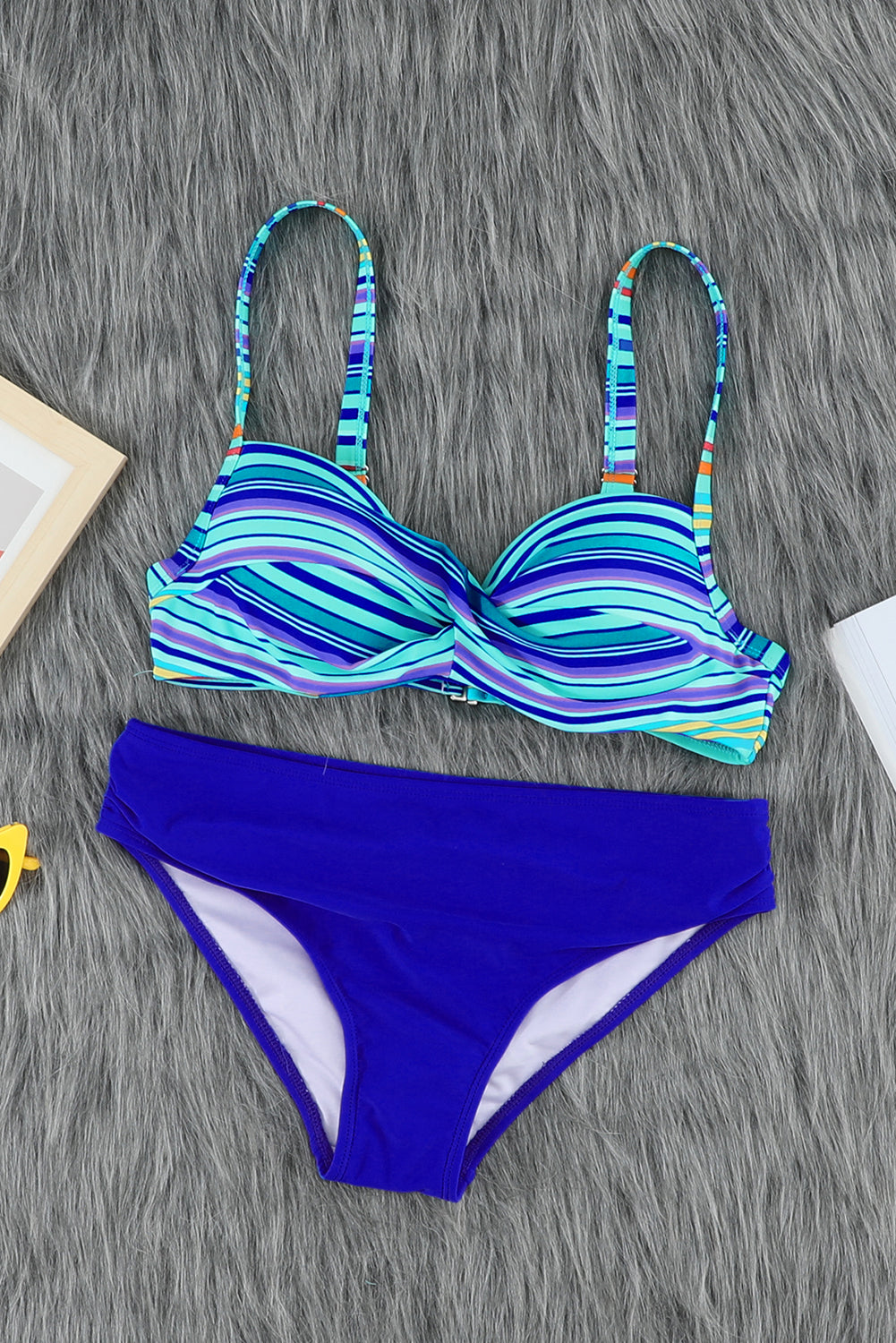 Sky Blue Twisted Bust Striped Bikini Set Bikinis JT's Designer Fashion