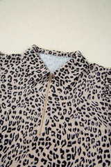 Brown Leopard Half Zipper Collared Ruffled Sleeve Top and Short Set Short Sets JT's Designer Fashion