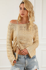Khaki Hollowed Knit Asymmetric Drawstring Sweater Sweaters & Cardigans JT's Designer Fashion