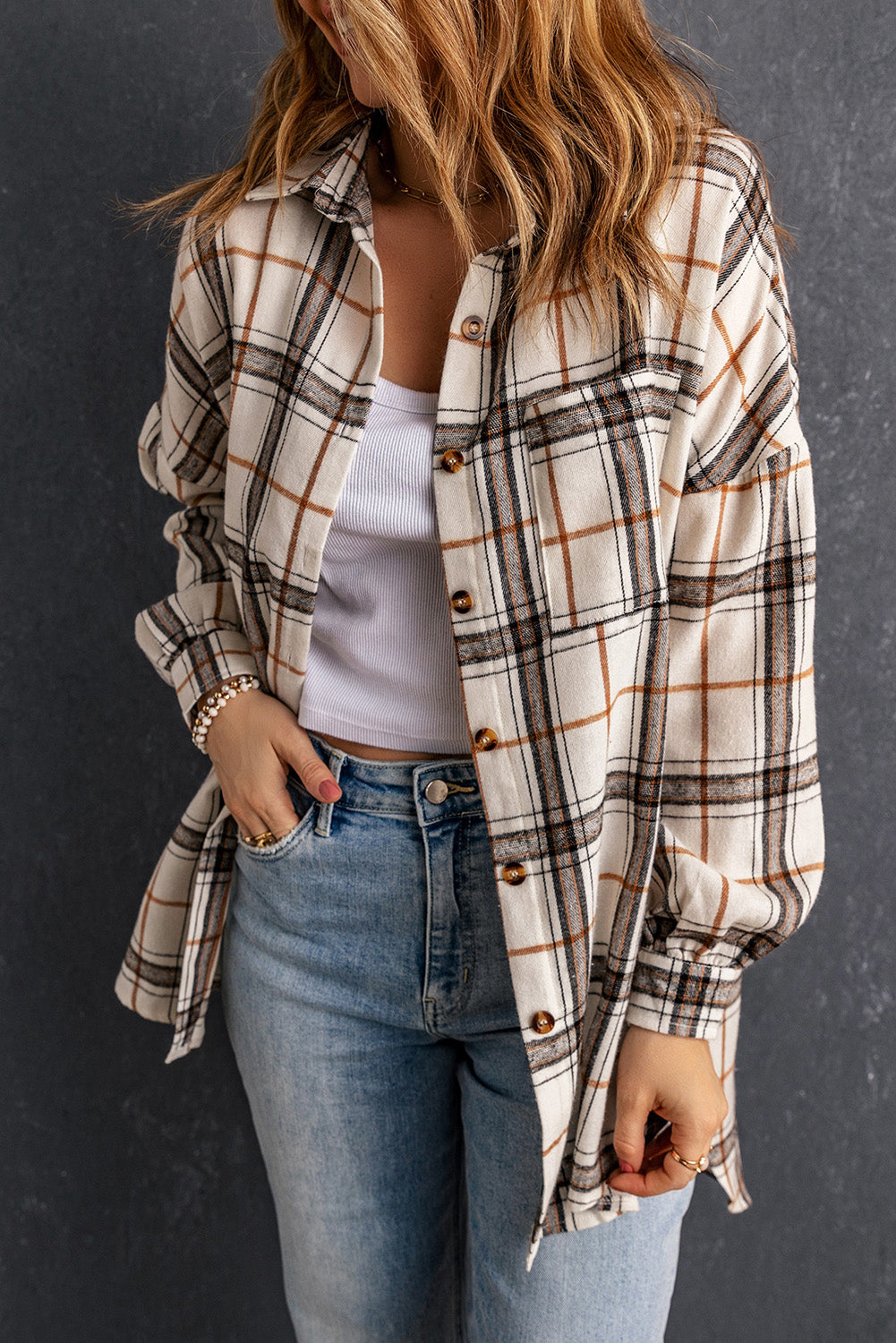 White Oversized Plaid Pattern Shacket with Slits Plaid Shackets JT's Designer Fashion