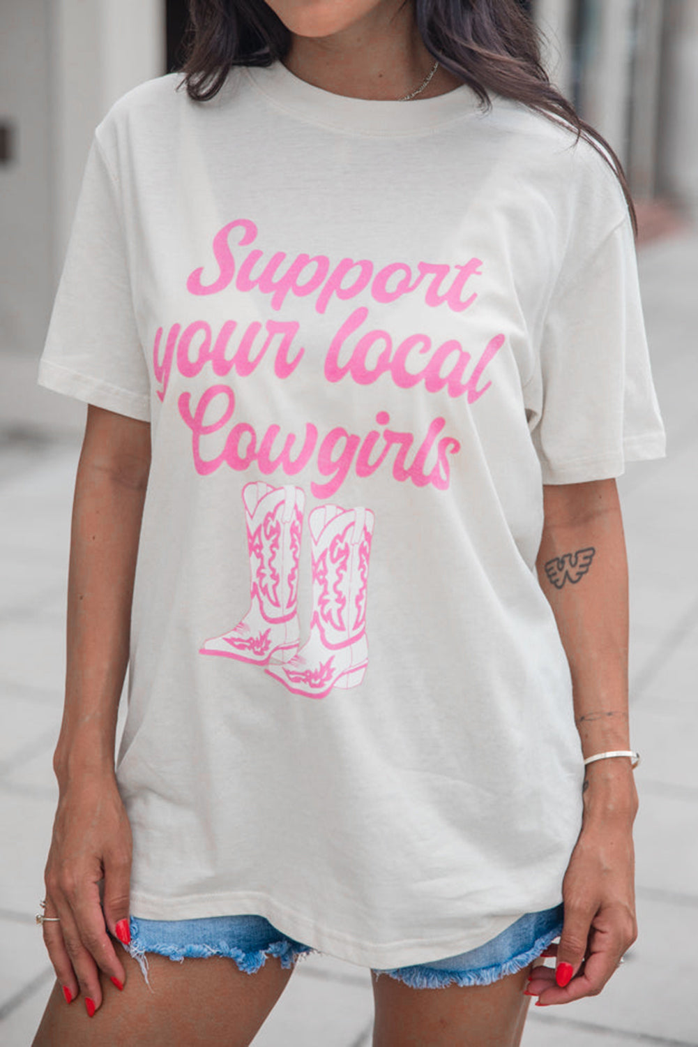 White Support Your Local Cowgirls Boots Print Crewneck Tee Graphic Tees JT's Designer Fashion