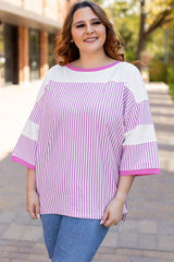 Pink Stripe Patchwork Bracelet Sleeve Plus Size T Shirt Pink Stripe Knit Plus Size JT's Designer Fashion