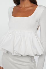 White U Neck Long Sleeve Bubble Hem Top Blouses & Shirts JT's Designer Fashion