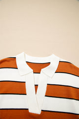 Brown Stripe Ribbed Polo Collar Drop Shoulder Sweater Sweaters JT's Designer Fashion