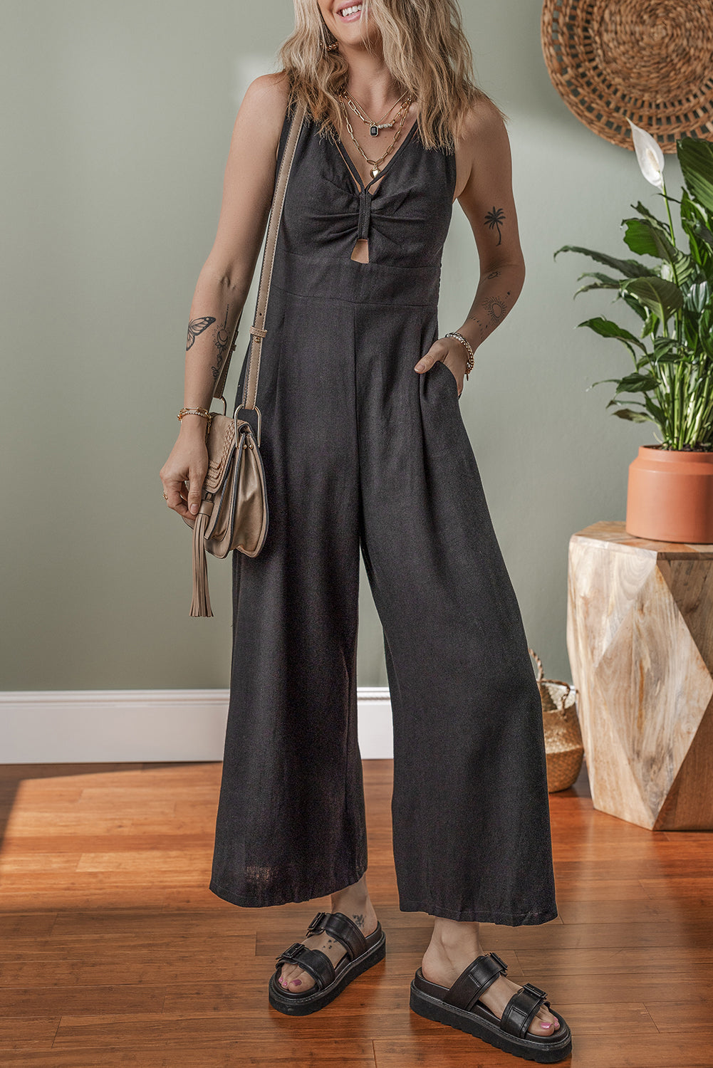 Black Front Cut Out Smocked Back Sleeveless Wide Leg Jumpsuit Bottoms JT's Designer Fashion