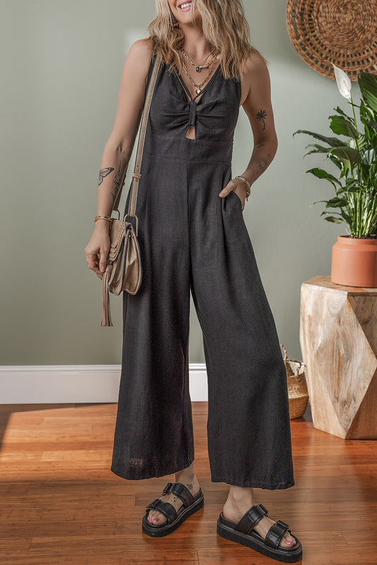 Black Front Cut Out Smocked Back Sleeveless Wide Leg Jumpsuit Bottoms JT's Designer Fashion