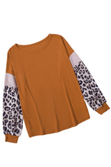 Brown Leopard Sequin Patchwork Long Sleeve Top Long Sleeve Tops JT's Designer Fashion