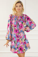 Multicolour Floral Tie Neck Bubble Sleeve Shift Dress Floral Dresses JT's Designer Fashion