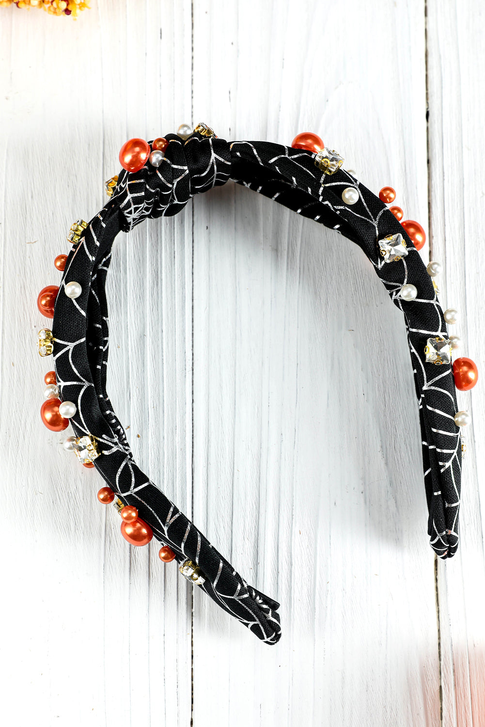 Black Pearled Rhinestone Knotted Spiderweb Halloween Headband Headwear JT's Designer Fashion