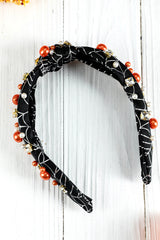 Black Pearled Rhinestone Knotted Spiderweb Halloween Headband Headwear JT's Designer Fashion