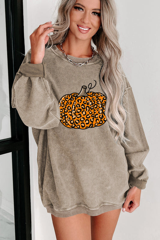 Khaki Halloween Leopard Pumpkin Graphic Corded Sweatshirt Graphic Sweatshirts JT's Designer Fashion