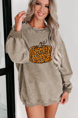 Khaki Halloween Leopard Pumpkin Graphic Corded Sweatshirt Graphic Sweatshirts JT's Designer Fashion