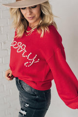 Fiery Red Pearl Beaded Merry Casual Sweater Sweaters JT's Designer Fashion