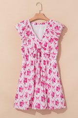 Multicolour Bow Lattice Floral Print V Neck Knot Decor Mini Dress Floral Dresses JT's Designer Fashion