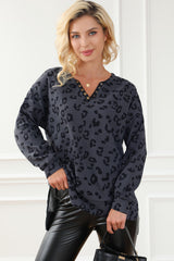 Gray Leopard Print Button Split Neck Waffle Sweatshirt Sweatshirts & Hoodies JT's Designer Fashion
