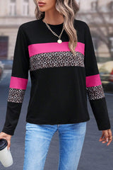 Rose Leopard Colorblock Patchwork Crew Neck Long Sleeve Tee Long Sleeve Tops JT's Designer Fashion