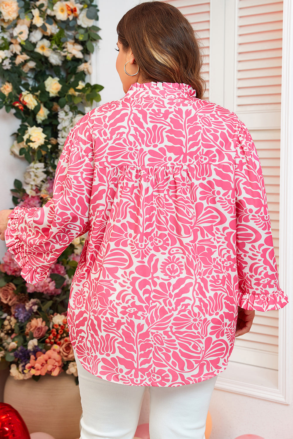 Pink Plus Size Floral Print Frilled Neck Puff Sleeve Top Plus Size Blouses & Shirts JT's Designer Fashion