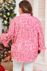 Pink Plus Size Floral Print Frilled Neck Puff Sleeve Top Plus Size Blouses & Shirts JT's Designer Fashion
