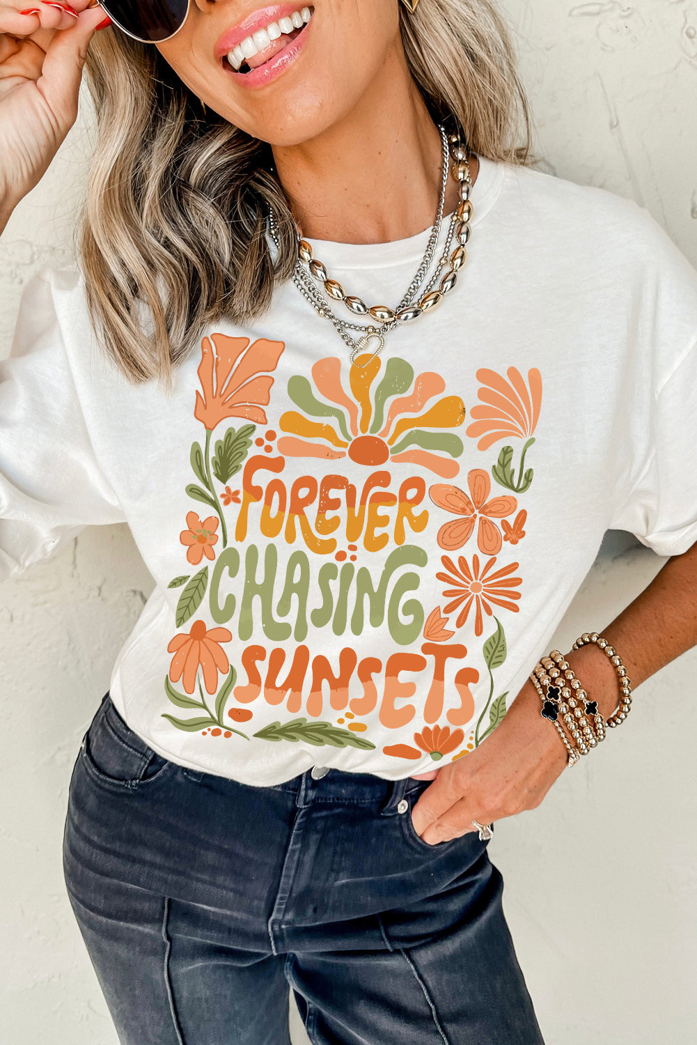 White FOREVER CHASING SUNSETS Floral Print T Shirt Graphic Tees JT's Designer Fashion