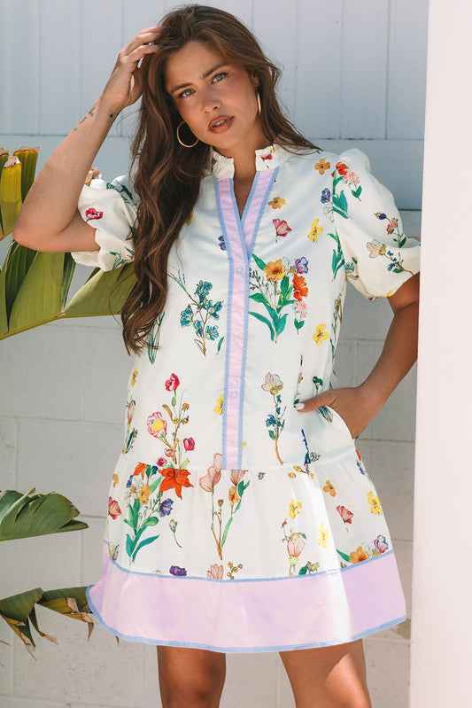 White Floral Print Contrast Striped Patchwork Short Puff Sleeve Dress White 100%Polyester Floral Dresses JT's Designer Fashion