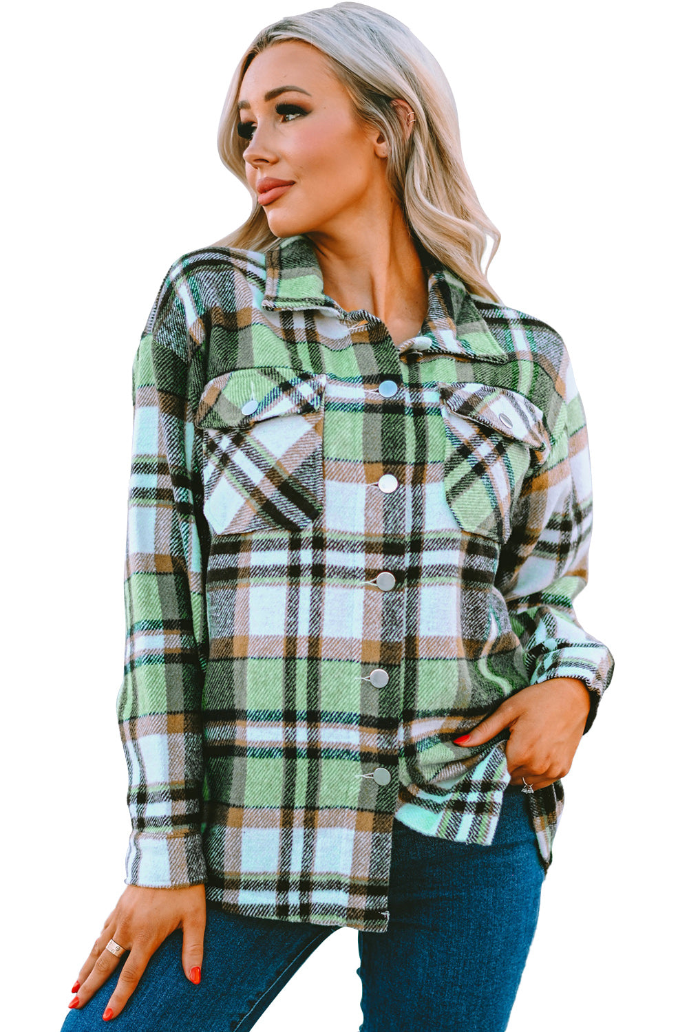 Green Geometric Plaid Print Pocketed Shacket Plaid Shackets JT's Designer Fashion